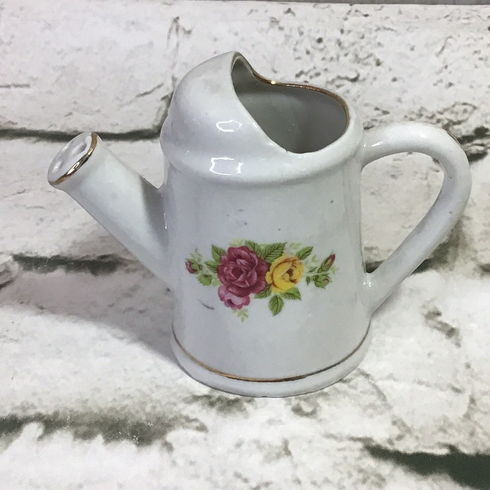 Vintage Watering Can Miniature 3" Figurine Rose China Pattern Gold Trim Ceramic
